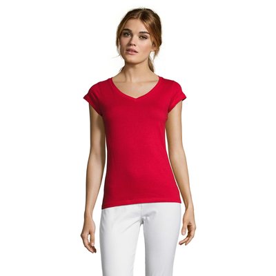 Camiseta Mujer Entallada Algodón Escote Pico Rojo L