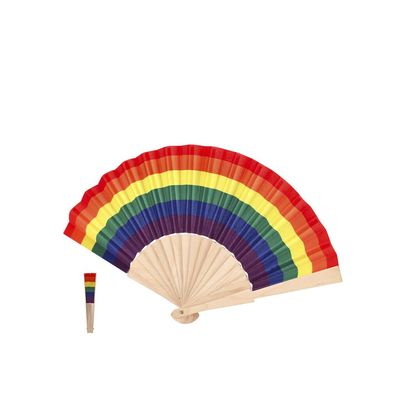 Abanico de madera natural con tela poliéster multicolor