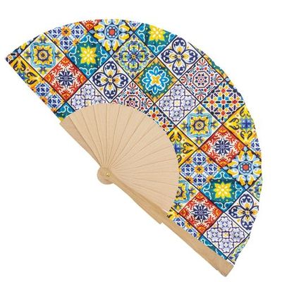 Abanico estampado de madera y poliéster