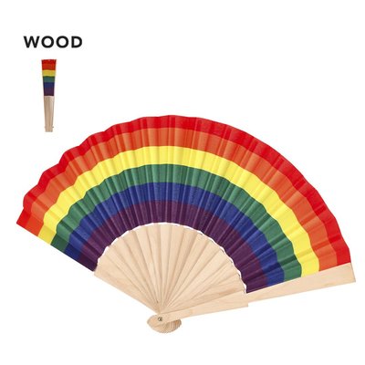 Abanico de madera natural con tela poliéster multicolor