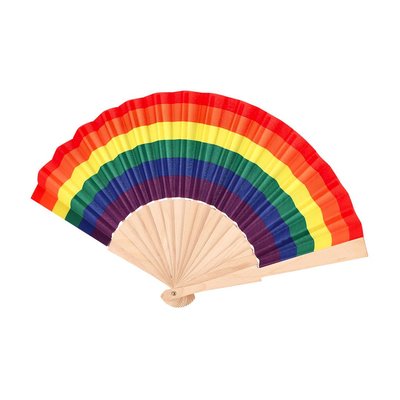 Abanico de madera natural con tela poliéster multicolor
