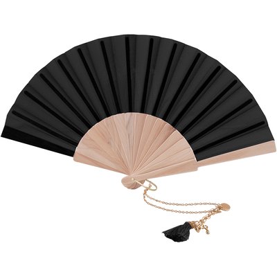Abanico Madera/Poliéster 23cm con Pulsera y Borla Negro