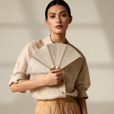 Abanico original de bambú y poliéster con 5 varillas y cinta