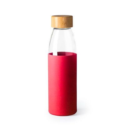 Bidón de cristal con funda y tapón de bambú Rojo