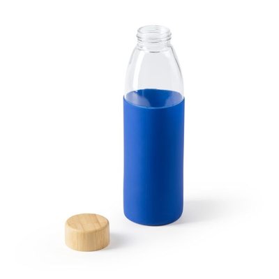 Bidón de cristal con funda y tapón de bambú