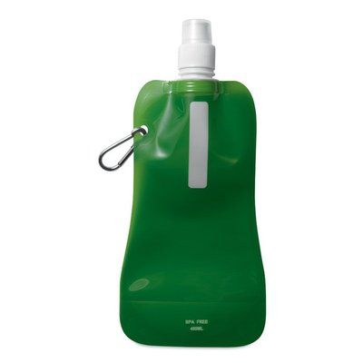 Bidón flexible de plástico sin BPA con mosquetón y ventana (400 ml) Verde