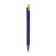 Bolígrafo de aluminio reciclado bicolor con pulsador de bambú Azul