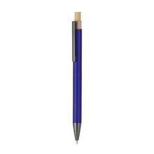 Bolígrafo de aluminio reciclado bicolor con pulsador de bambú Azul