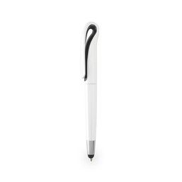 Bolígrafo blanco de puntero táctil y original diseño con final curvado al clip bicolor Blanco / Negro