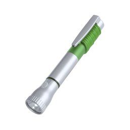 Bolígrafo linterna plateado con ledes capucha transparente en vivos colores y cinta para colgar a juego Gris / Verde