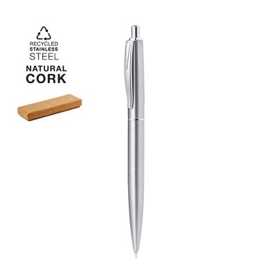 Bolígrafo de Acero Inox Tinta Azul y Caja de Corcho