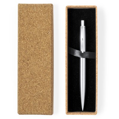 Bolígrafo de Acero Inox Tinta Azul y Caja de Corcho