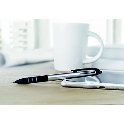 Bolígrafo antideslizante de tres tintas (azul, rojo y negro) con puntero