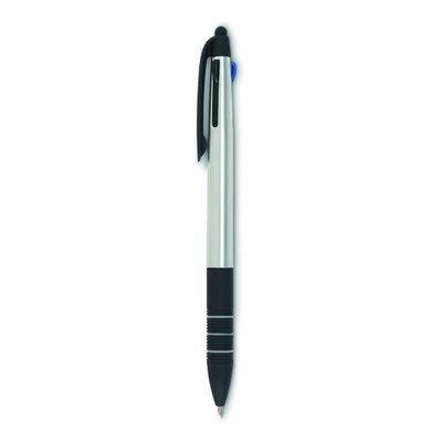 Bolígrafo antideslizante de tres tintas (azul, rojo y negro) con puntero
