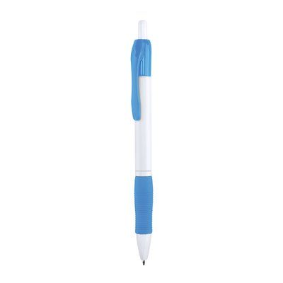 Bolígrafo blanco con clip y cómoda empuñadura a color Azul Claro