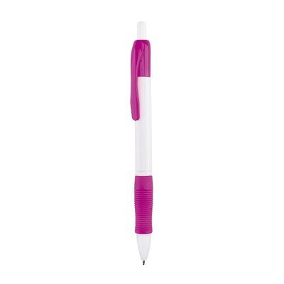 Bolígrafo blanco con clip y cómoda empuñadura a color Fucsia