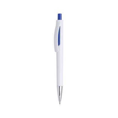 Bolígrafo blanco con pulsador y abertura decorativa a color Azul