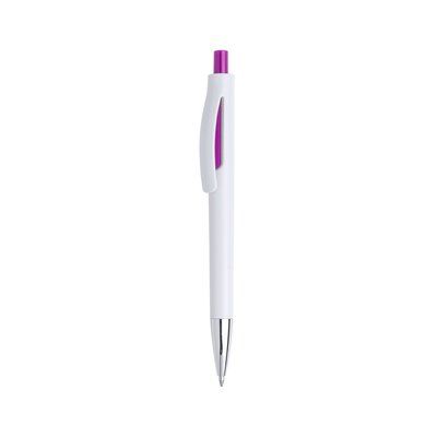 Bolígrafo blanco con pulsador y abertura decorativa a color Fucsi