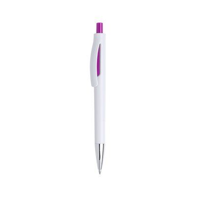 Bolígrafo blanco con pulsador y abertura decorativa a color Fucsia