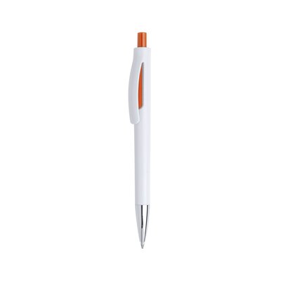 Bolígrafo blanco con pulsador y abertura decorativa a color Naranja