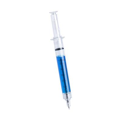 Bolígrafo jeringuilla de pulsador con líquido interior Azul