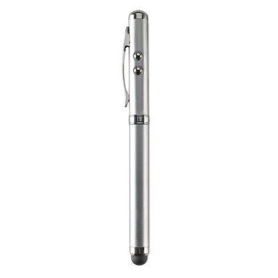 Bolígrafo con láser, linterna y puntero táctil en caja de metal Plata