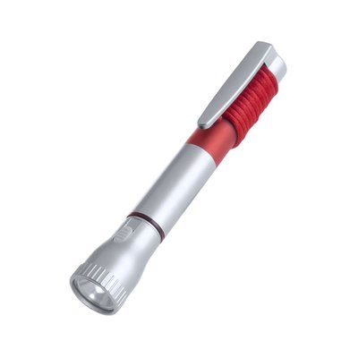 Bolígrafo linterna plateado con ledes capucha transparente en vivos colores y cinta para colgar a juego Gris / Rojo