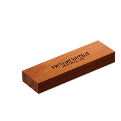 Bolígrafo metalizado con luz led y puntero láser rojo en estuche de madera