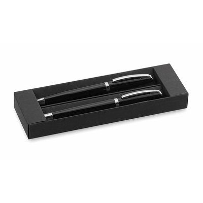 Bolígrafo y roller de aluminio en estuche de cartón negro Negro
