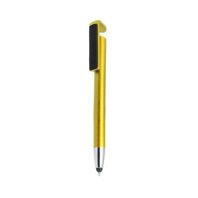 Bolígrafo satinado con soporte móvil, puntero táctil y limpia pantallas Amarillo