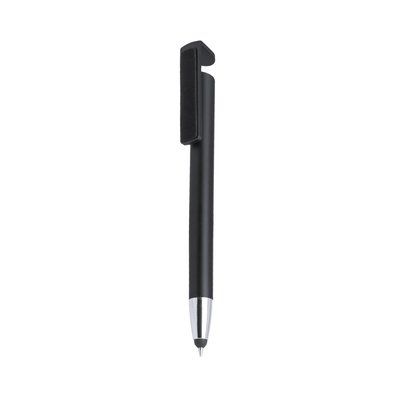 Bolígrafo satinado con soporte móvil, puntero táctil y limpia pantallas Negro