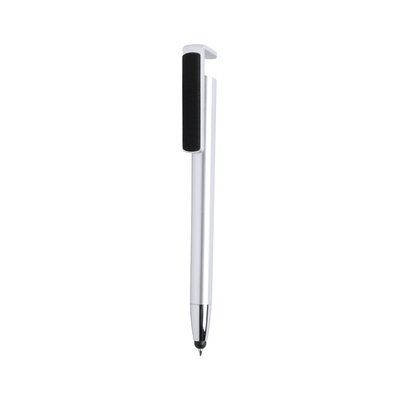 Bolígrafo satinado con soporte móvil, puntero táctil y limpia pantallas Plateado