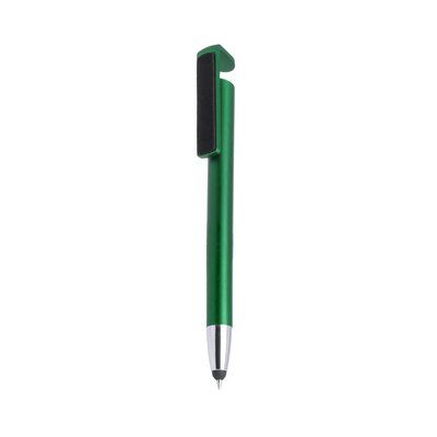 Bolígrafo satinado con soporte móvil, puntero táctil y limpia pantallas Verde