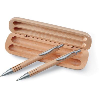 Bolígrafo y portaminas de madera con estuche a juego