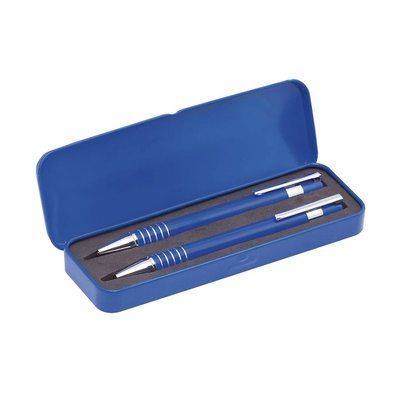 Bolígrafo y portaminas metálico en estuche de metal Azul