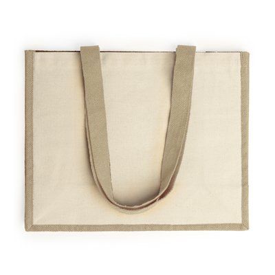 Bolsa bicolor de yute laminado y algodón con asas largas Crudo