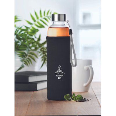 Botella de agua personalizada de vidrio con infusor de té y funda (500 ml)