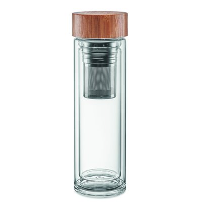 Botella ecológica personalizada de vidrio con infusor de té (420 ml) Transparente