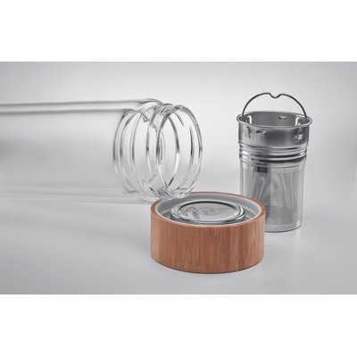 Botella ecológica personalizada de vidrio con infusor de té (420 ml)