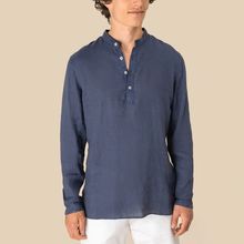 Camisa cuello mao de lino para hombre Washed Navy Blue S