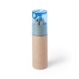 Caja tubo con 6 lápices de colores y sacapuntas Azul