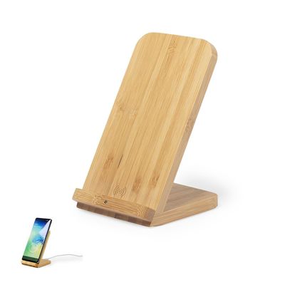 Cargador de bambú con soporte para smartphones