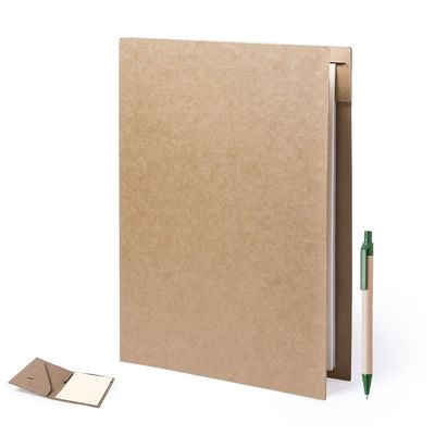 Carpeta en resistente cartón reciclado rígida y boligrafo