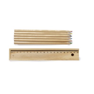 Caja de madera con 6 lápices de colores y regla