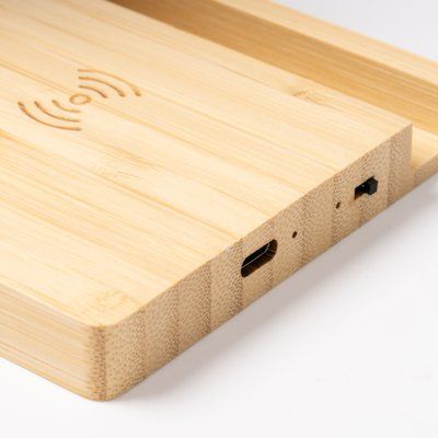 Calentador de taza en bambú con soporte para móvil