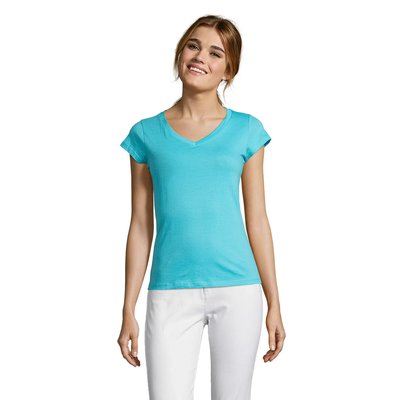 Camiseta Mujer Entallada Algodón Escote Pico Azul Atolón 3Xl