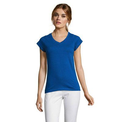 Camiseta Mujer Entallada Algodón Escote Pico Azul Royal L