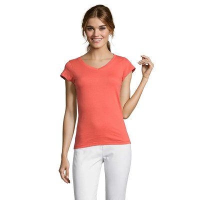 Camiseta Mujer Entallada Algodón Escote Pico Coral 3Xl