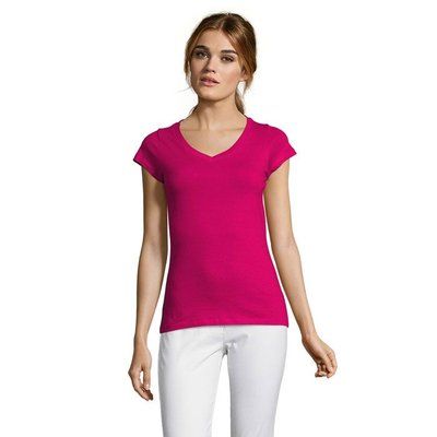 Camiseta Mujer Entallada Algodón Escote Pico Fuchsia M