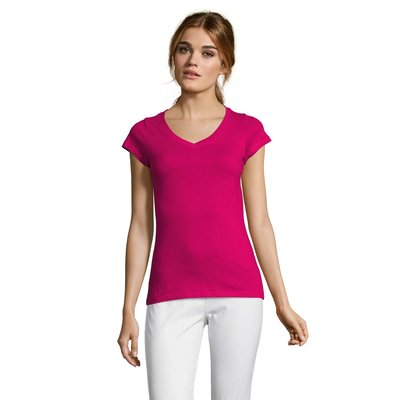 Camiseta Mujer Entallada Algodón Escote Pico Fuchsia S